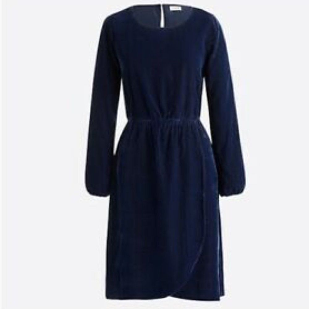 J.Crew Navy Velvet Faux Wrap Dress Tulip Hem Long Sleeve Size 14